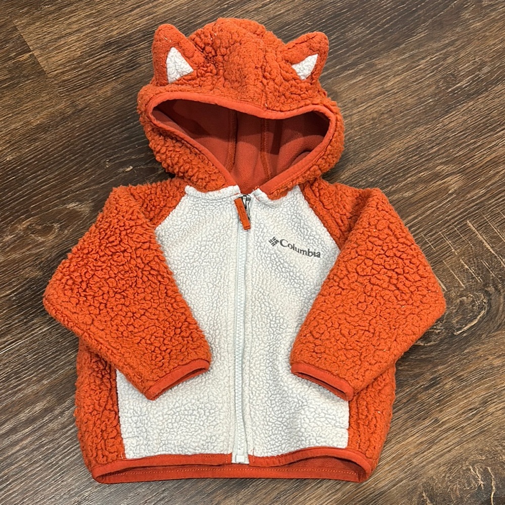 COLUMBIA Orange and White Puffer Jacket with Hood and Plush Material